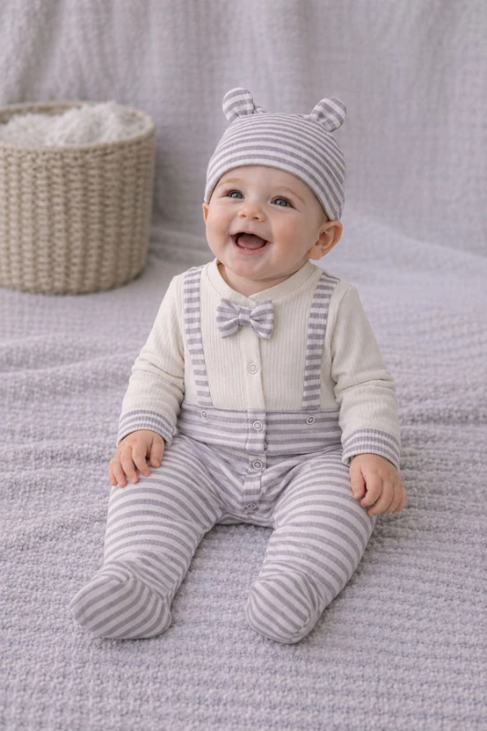 Papyonlu Erkek Bebek Tulumu - GRİ