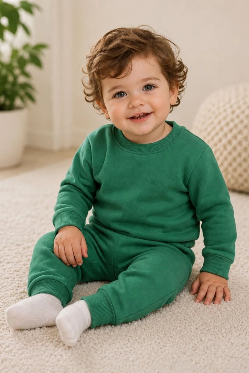 2 İplik Pamuklu Unisex Bebek Eşofman Takımı - Yeşil - YEŞİL