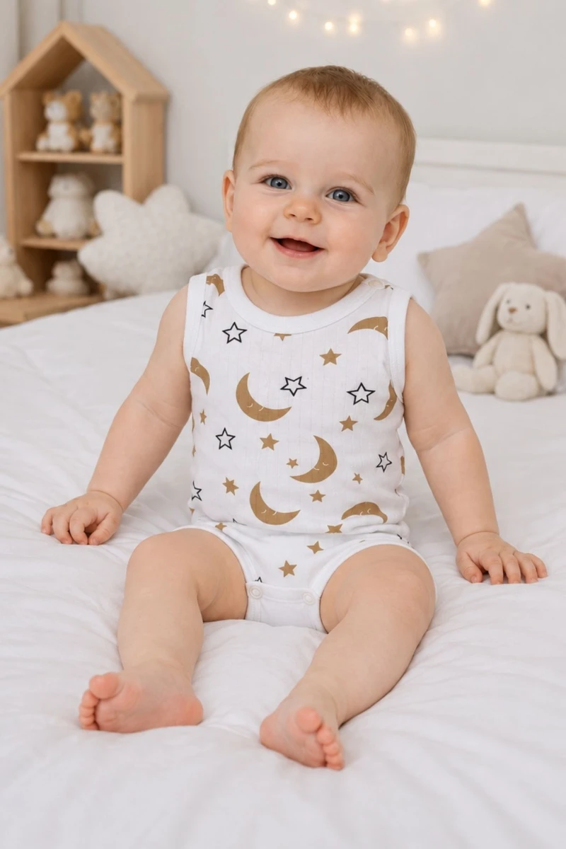 Ay & Yıldız Figürlü Pamuklu Kolsuz Unisex Bebek Body - Beyaz