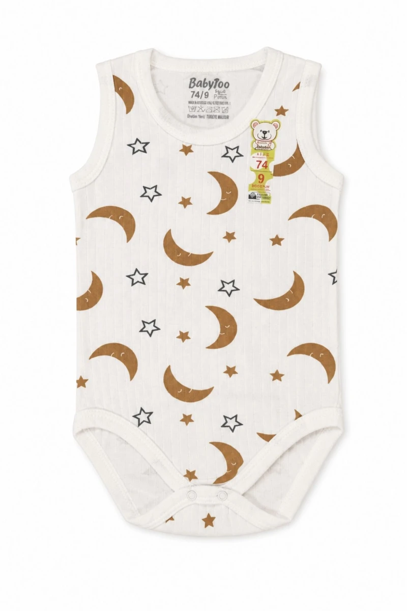 Ay & Yıldız Figürlü Pamuklu Kolsuz Unisex Bebek Body - Beyaz