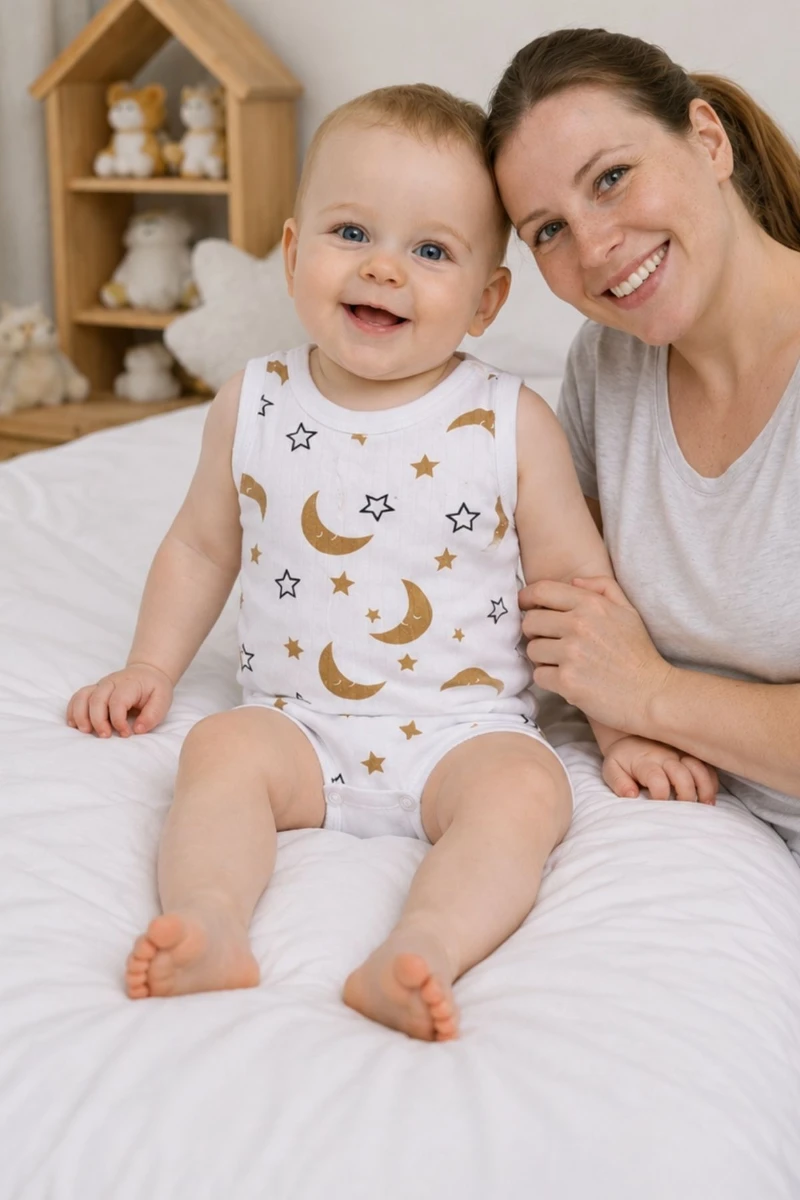Ay & Yıldız Figürlü Pamuklu Kolsuz Unisex Bebek Body - Beyaz