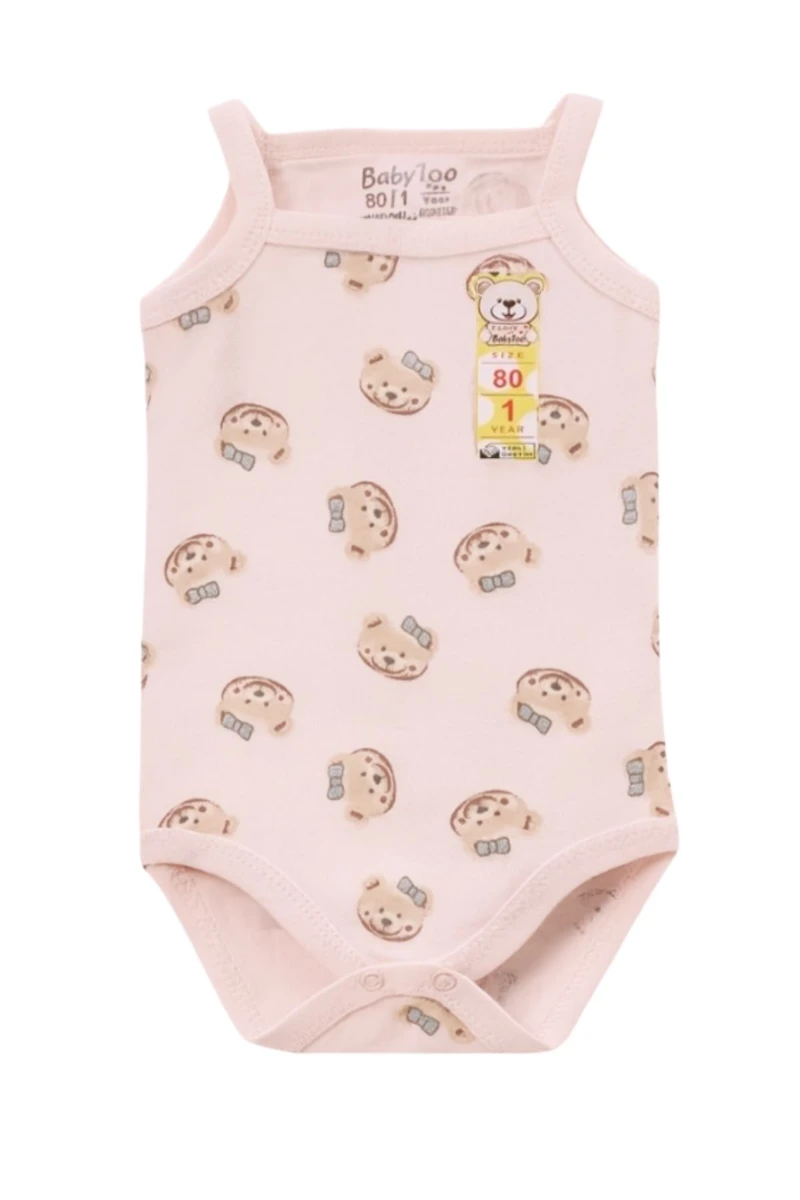 Ayıcık Figürlü Askılı Kız Bebek Body - Pudra Pembe