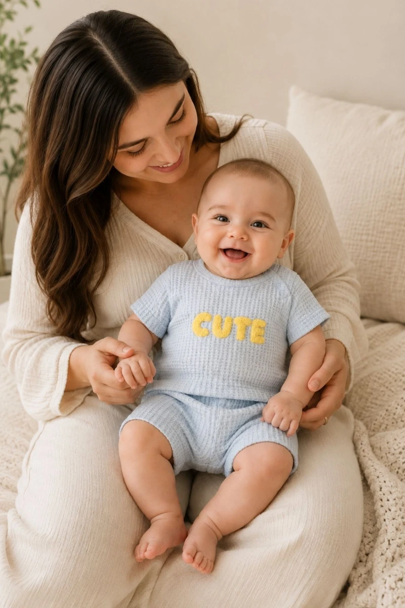 Cute Nakışlı Jakarlı Erkek Bebek 2’li Şort Takımı - MAVİ