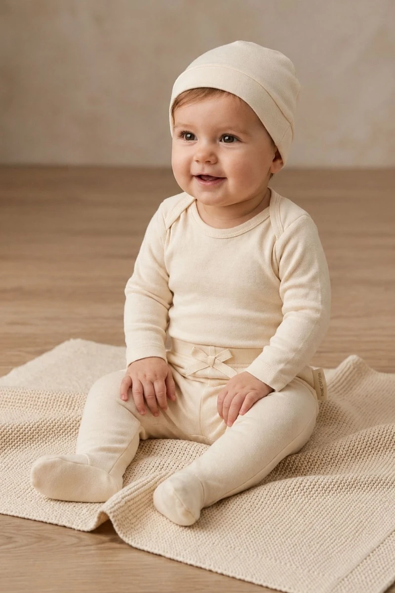 Ekru %100 Pamuk Penye Şapkalı Unisex Yenidoğan 3’lü Takım - KREM 