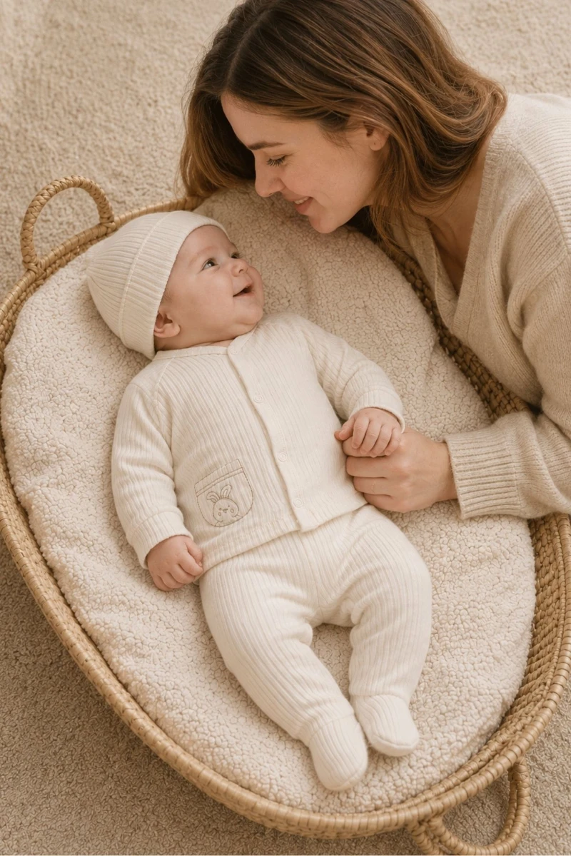 Ekru Fitilli Pamuk 3 Parça Unisex Bebek Takımı (Hırka Alt Bere) - KREM 
