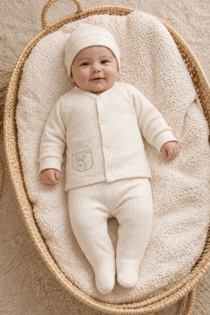Ekru Fitilli Pamuk 3 Parça Unisex Bebek Takımı (Hırka Alt Bere) - KREM 