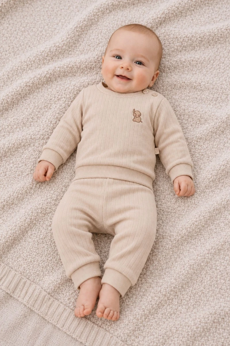 Fil Nakışlı Pamuklu 2’li Unisex Bebek Takımı - Bej - BEJ