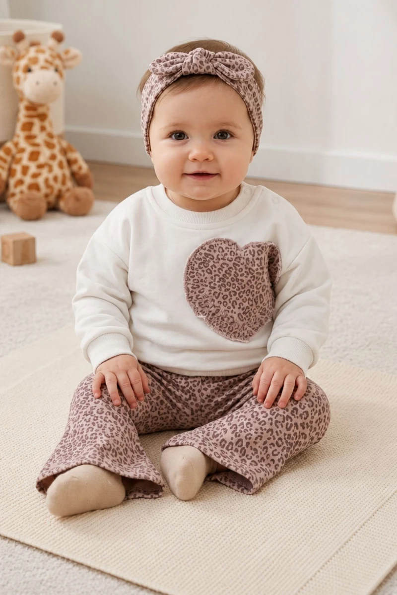 Leopar Baskılı Kalp Detaylı Bebek 3'lü Takım - EKRU