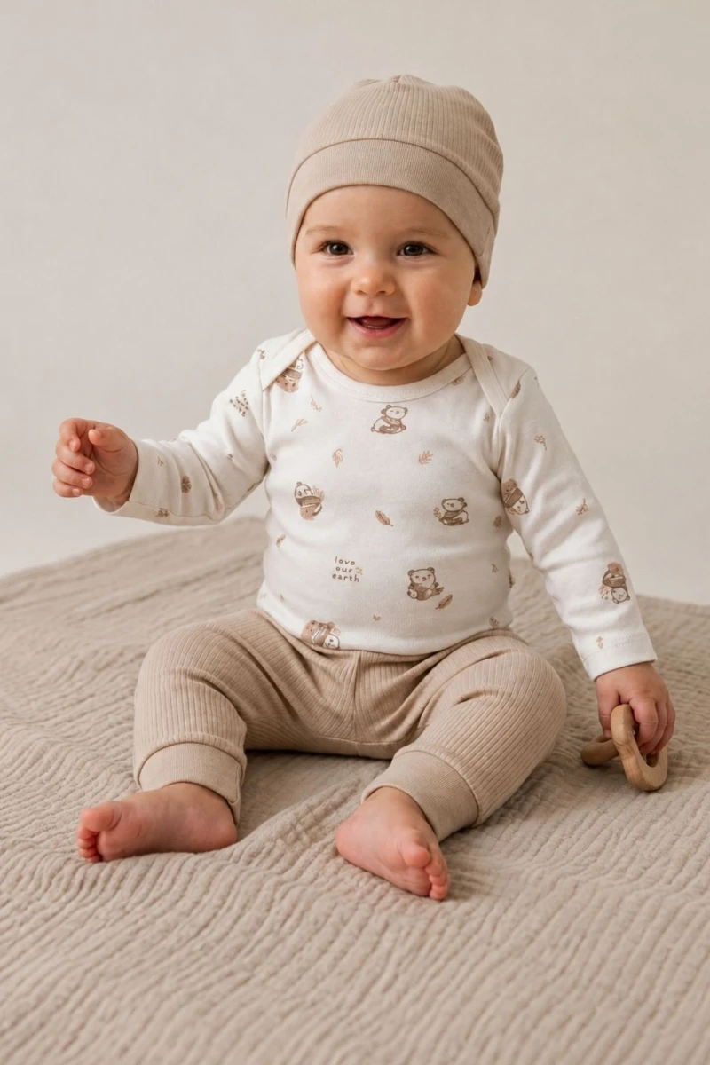 Panda Baskılı %100 Pamuk İnterlok Unisex Yenidoğan 3’lü Takım - BEJ