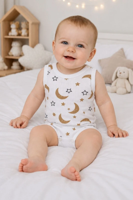 Ay & Yıldız Figürlü Pamuklu Kolsuz Unisex Bebek Body - Beyaz