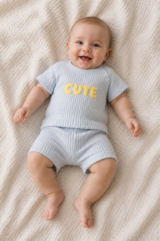 Cute Nakışlı Jakarlı Erkek Bebek 2’li Şort Takımı - MAVİ