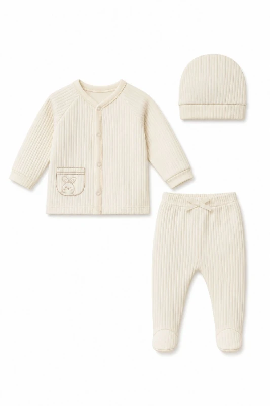 Ekru Fitilli Pamuk 3 Parça Unisex Bebek Takımı (Hırka Alt Bere) - KREM 
