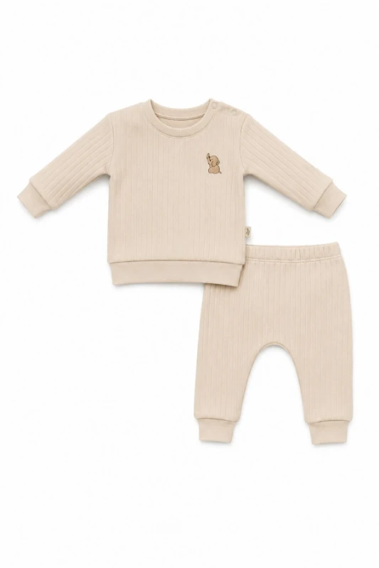 Fil Nakışlı Pamuklu 2’li Unisex Bebek Takımı - Bej - BEJ