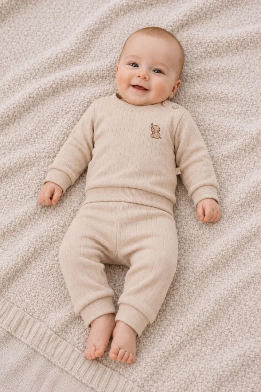 Fil Nakışlı Pamuklu 2’li Unisex Bebek Takımı - Bej - BEJ