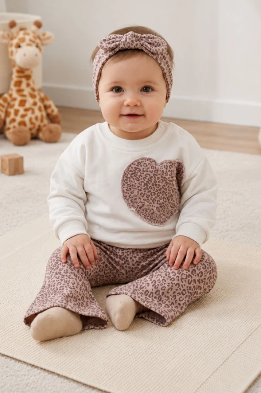 Leopar Baskılı Kalp Detaylı Bebek 3'lü Takım - EKRU