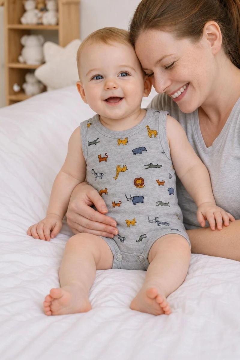 Hayvan Figürlü Pamuklu Askılı Unisex Bebek Body - Gri