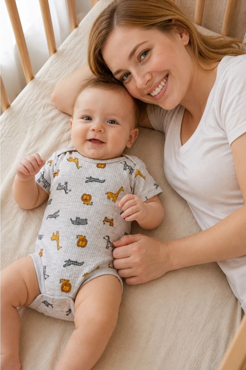 Hayvan Figürlü Pamuklu Yarım Kol Unisex Bebek Body - Gri
