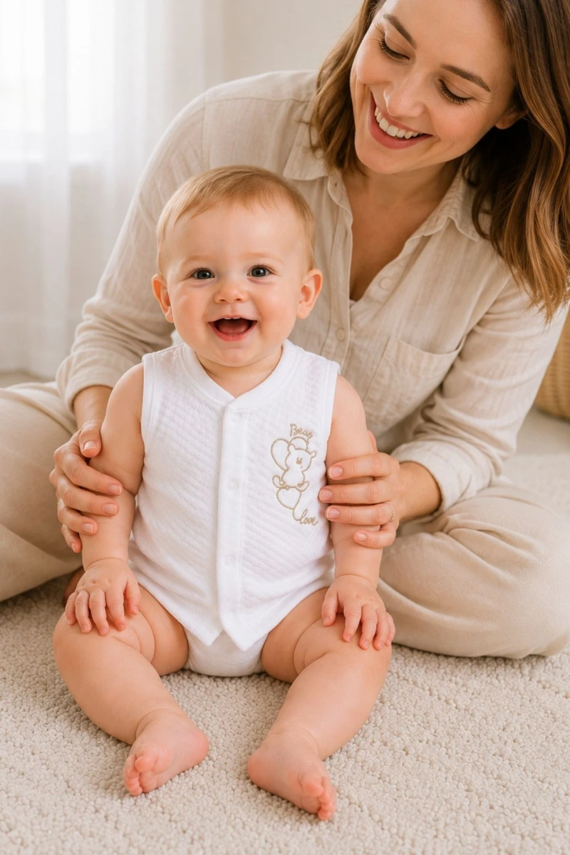 Kalpli Ayı Nakışlı Kapitone Unisex Bebek Yelek - Beyaz - BEYAZ