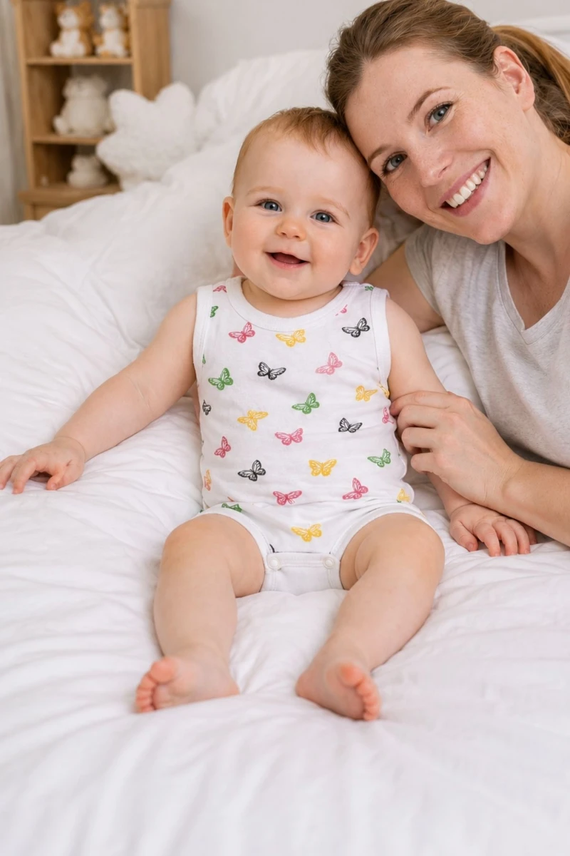 Kelebek Figürlü Pamuklu Kolsuz Unisex Bebek Body - Beyaz