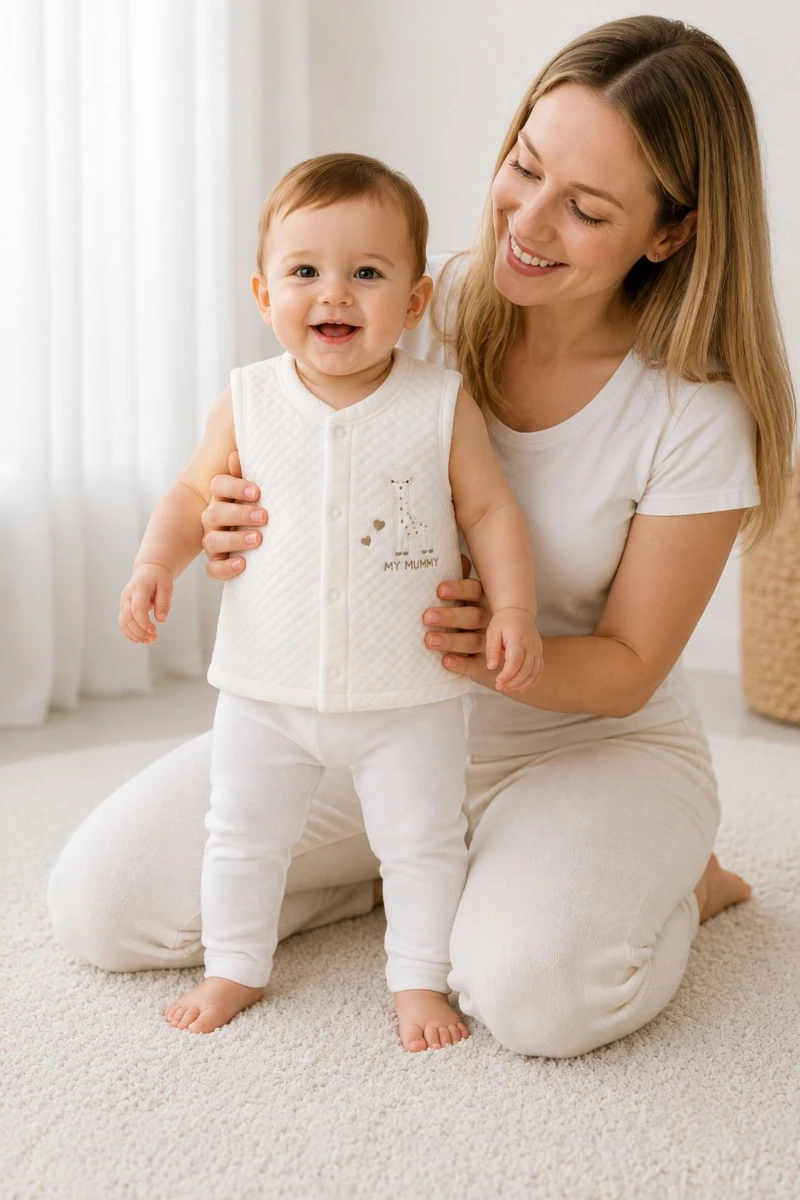 Zürafa Nakışlı Kapitone Bebek Yeleği - BEYAZ