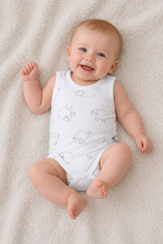 Beyaz %100 Pamuk Koyun Baskılı Unisex Bebek Kolsuz Body