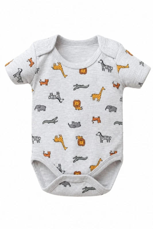 Hayvan Figürlü Pamuklu Yarım Kol Unisex Bebek Body - Gri