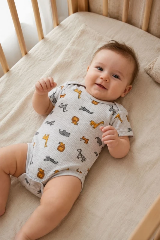 Hayvan Figürlü Pamuklu Yarım Kol Unisex Bebek Body - Gri