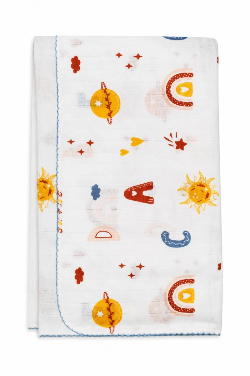 Soyut Desenli %100 Pamuk Müslin Unisex Bebek Battaniyesi 80x90 cm