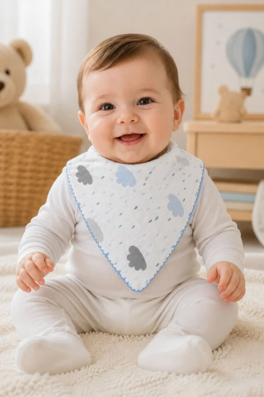 Bulut Desenli Müslin Bebek Fular Önlüğü