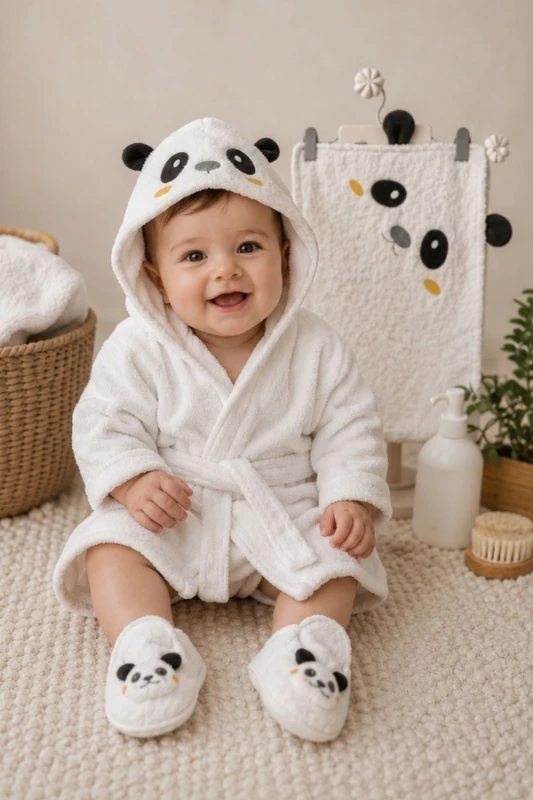 Panda Figürlü %100 Pamuk Unisex Bebek Bornoz Seti 0-24 Ay Kutulu