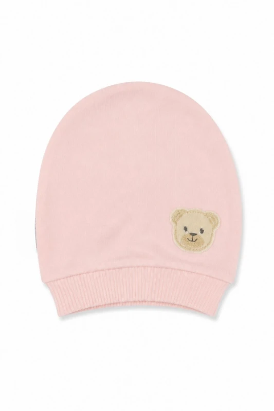 %100 Pamuk İnterlok Unisex Bebek Ayıcık Figürlü Penye Şapka (0–24 Ay) - PEMBE