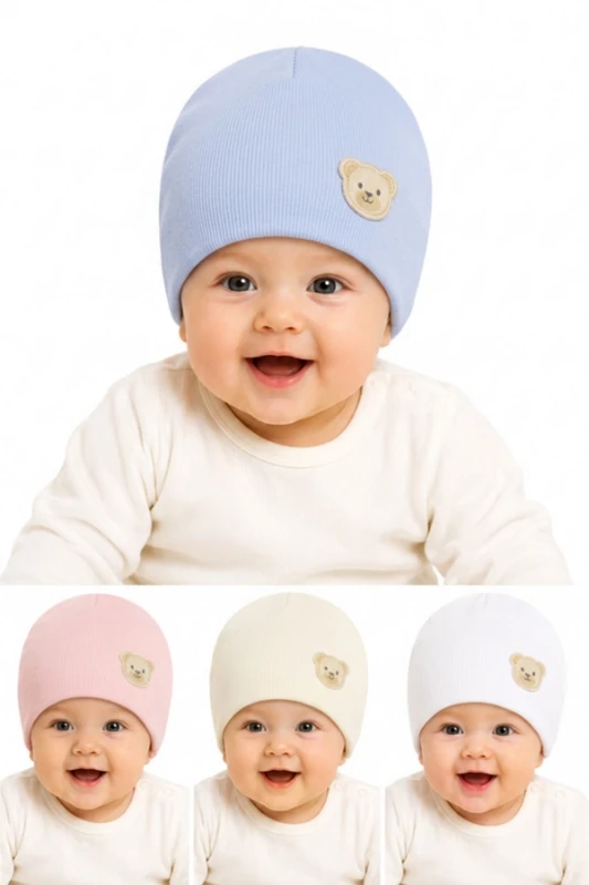 %100 Pamuk İnterlok Unisex Bebek Ayıcık Figürlü Penye Şapka (0–24 Ay)