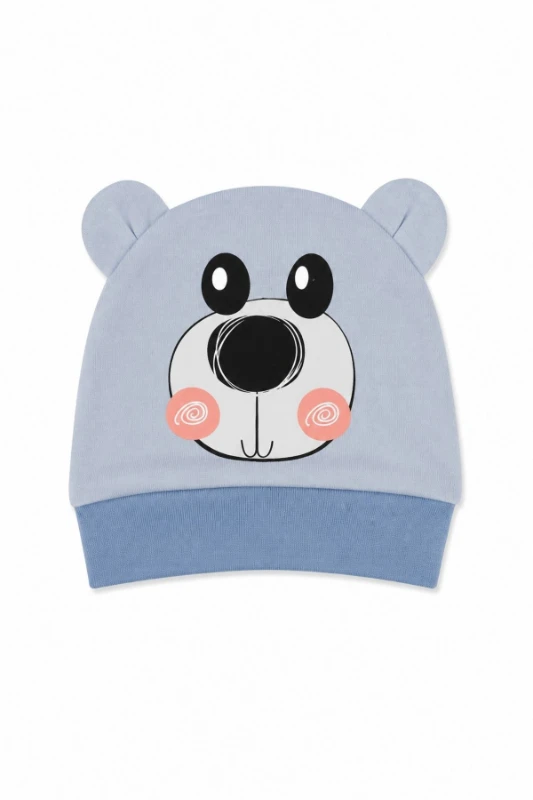 %100 Pamuk İnterlok Unisex Bebek Ayılı Bere (0–12 Ay) - MAVİ