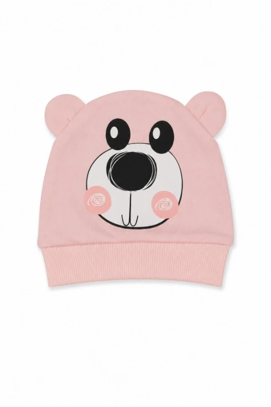 %100 Pamuk İnterlok Unisex Bebek Ayılı Bere (0–12 Ay) - PEMBE