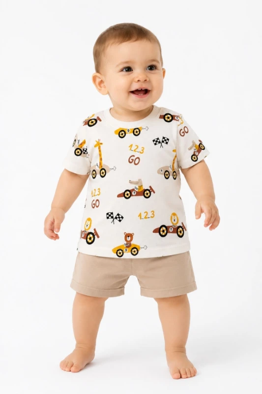 Air Baby 1.2.3 Go Yarış Arabası Baskılı %100 Pamuk Erkek Bebek Şortlu 2’li Takım - KREM 