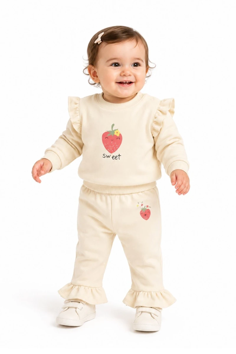Sweet Çilek Baskılı Fırfır Detaylı %100 Pamuk Kız Bebek 2’li Takım - EKRU