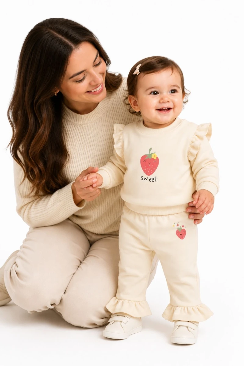 Sweet Çilek Baskılı Fırfır Detaylı %100 Pamuk Kız Bebek 2’li Takım - EKRU