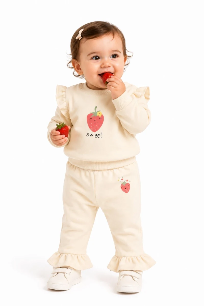Sweet Çilek Baskılı Fırfır Detaylı %100 Pamuk Kız Bebek 2’li Takım - EKRU