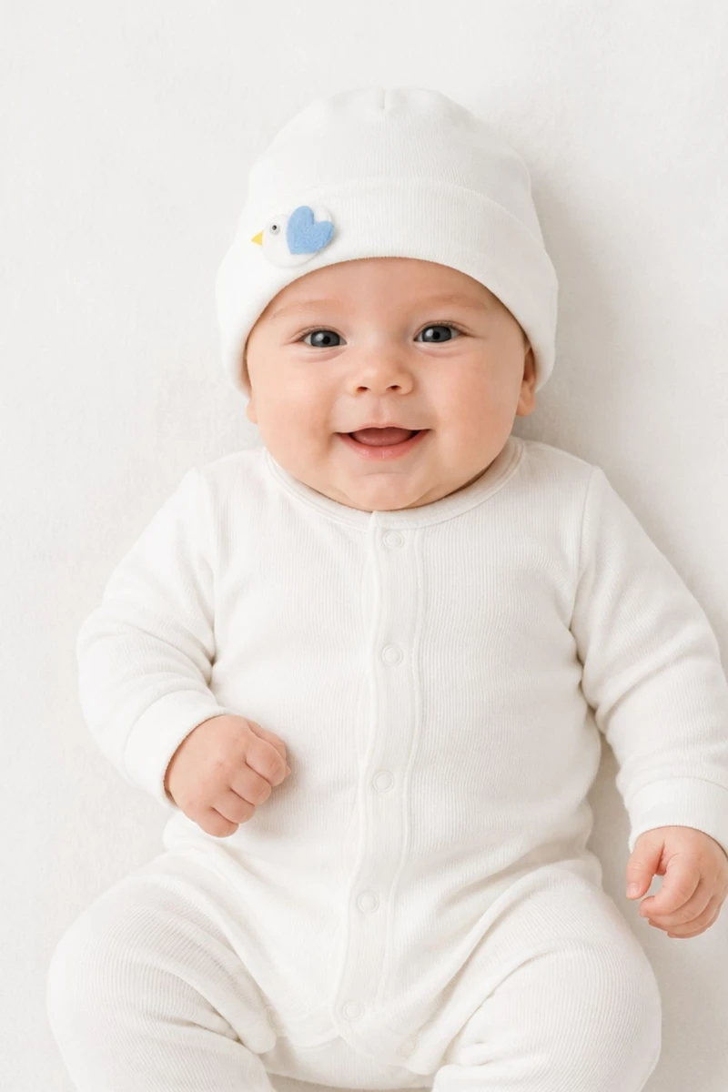 %100 Pamuk İnterlok Unisex Bebek Kuş Figürlü Bere (1–6 Ay) - KREM 