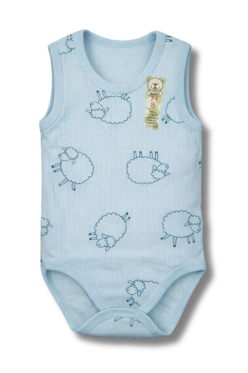 Beyaz %100 Pamuk Koyun Baskılı Unisex Bebek Kolsuz Body - MAVİ