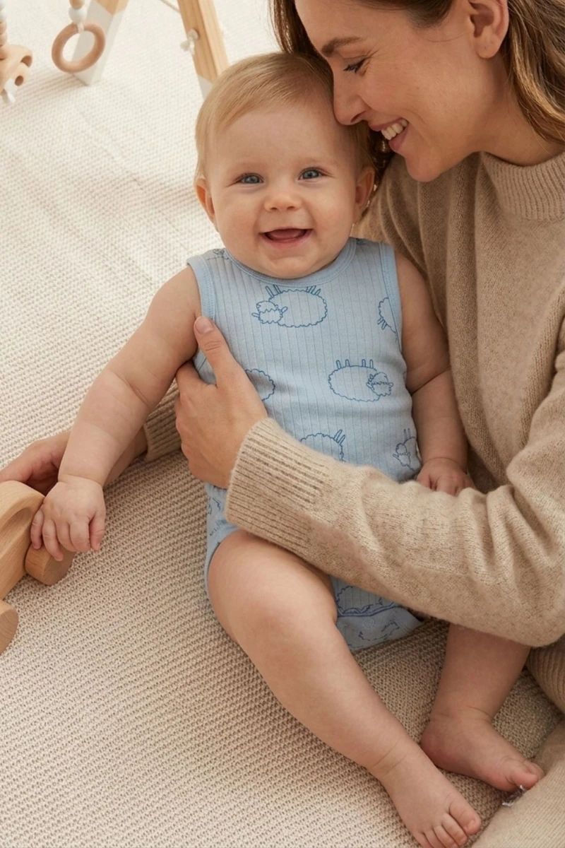 Beyaz %100 Pamuk Koyun Baskılı Unisex Bebek Kolsuz Body - MAVİ