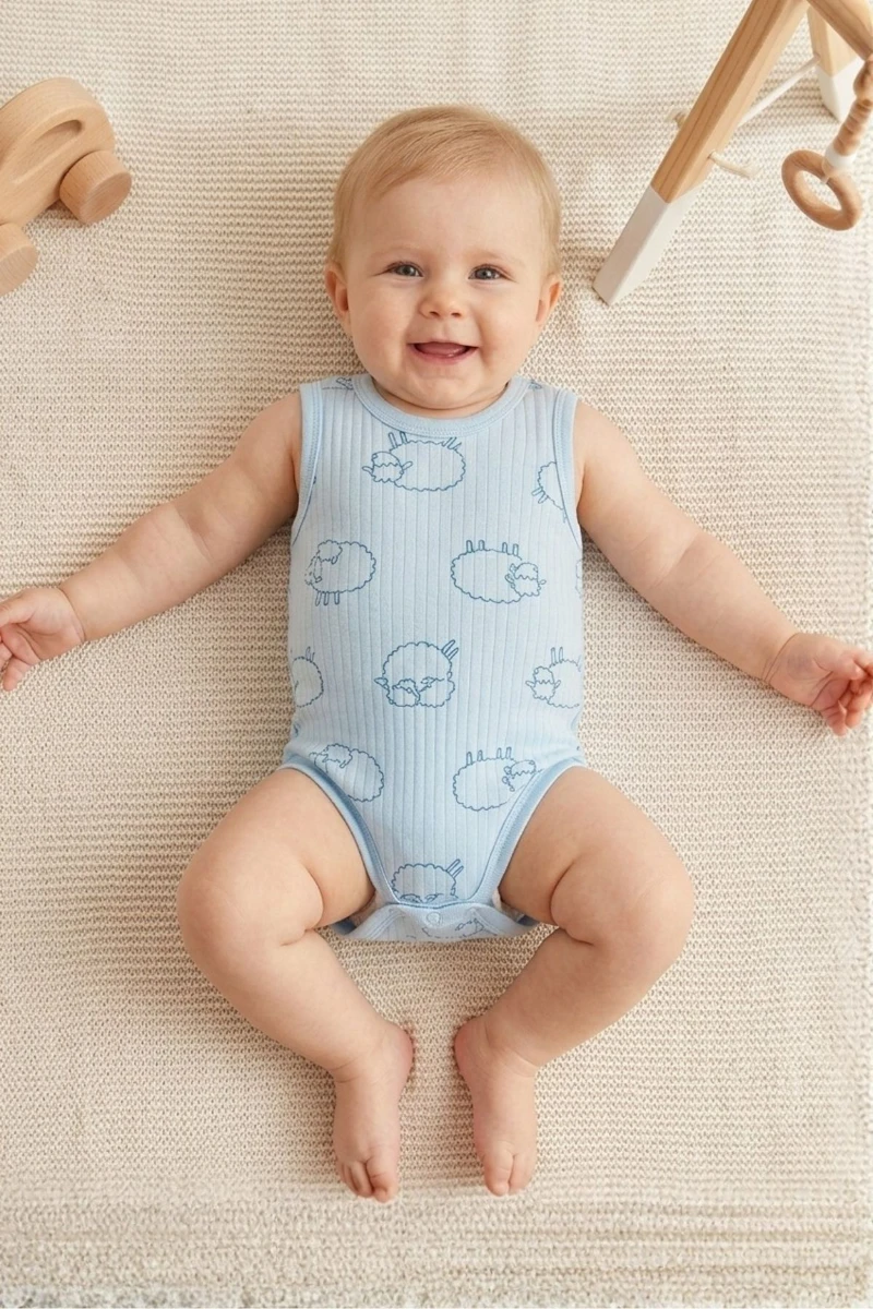 Beyaz %100 Pamuk Koyun Baskılı Unisex Bebek Kolsuz Body - MAVİ