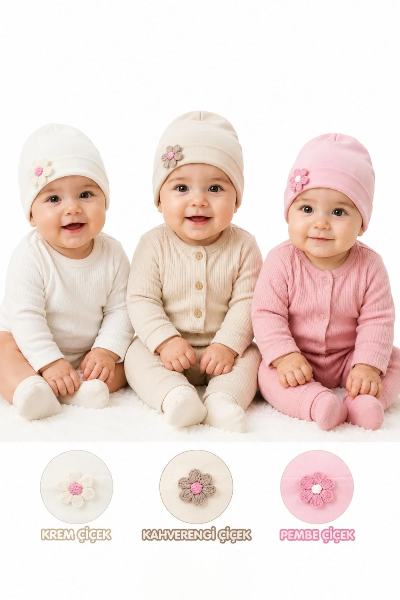 Papatya Detaylı %100 Pamuk İnterlok Kız Bebek Penye Bere (0–24 Ay) - PEMBE