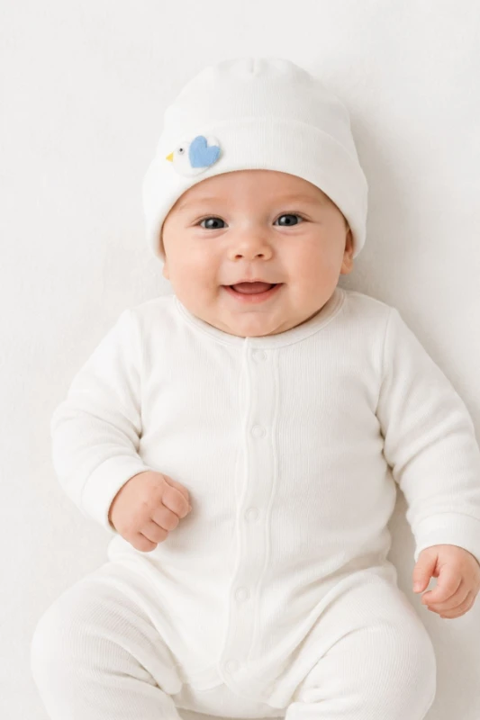 %100 Pamuk İnterlok Unisex Bebek Kuş Figürlü Bere (1–6 Ay) - KREM 