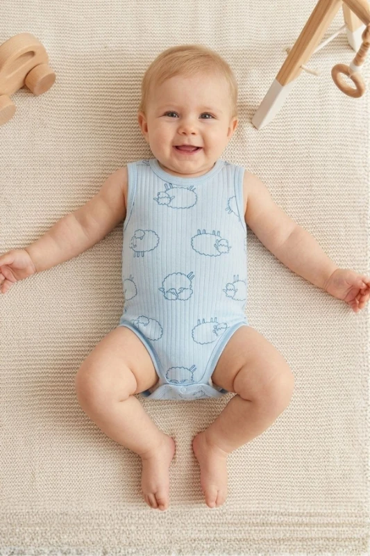 Beyaz %100 Pamuk Koyun Baskılı Unisex Bebek Kolsuz Body - MAVİ