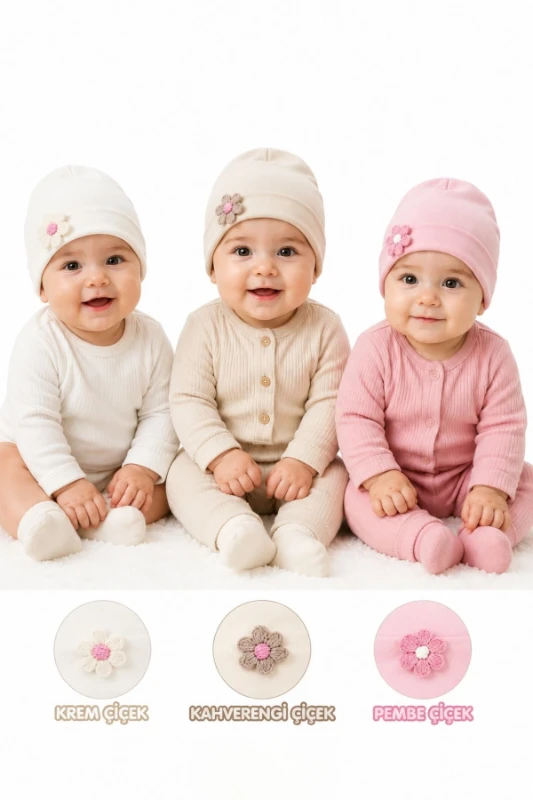 Papatya Detaylı %100 Pamuk İnterlok Kız Bebek Penye Bere (0–24 Ay) - PEMBE