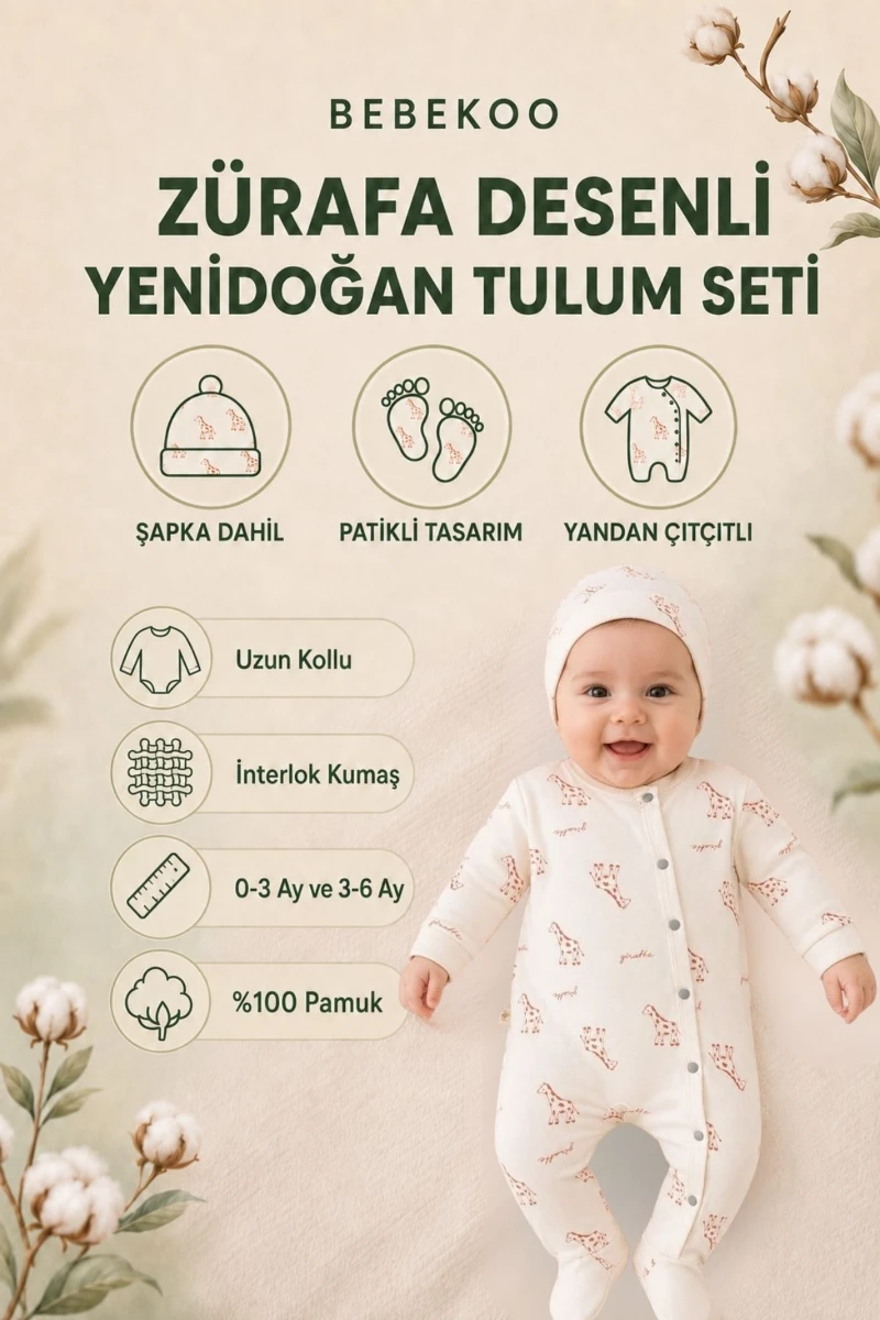 Zürafa Baskılı %100 Pamuk Unisex Bebek Tulum ve Bere 2'li Set - KREM 